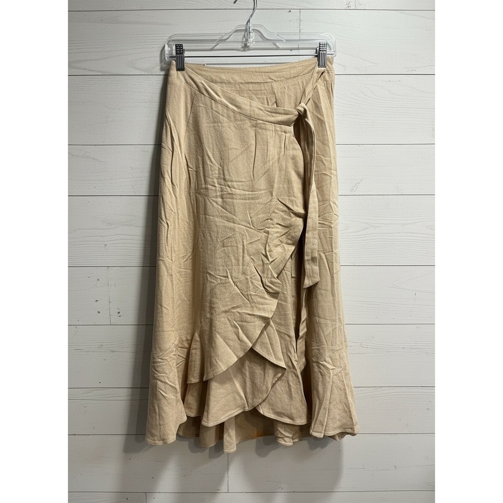 NWT Umgee Small Tan Ruffle Wrap Midi Skirt Linen Blend Neutral Boho Casual